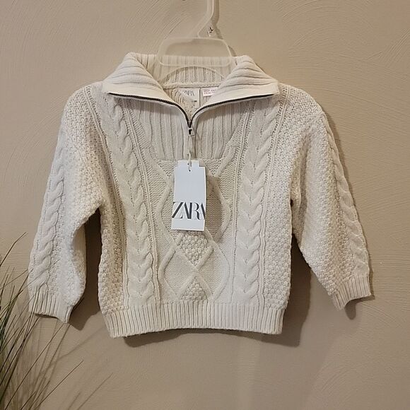 ZARA CABLE KNIT 3/4 ZIP IVORY SWEATER, UNISEX SIZE 2-3 - NEW! - Picture 1 of 7